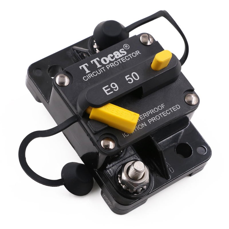 T Tocas E9 50 Amp Circuit Breaker Surface Mount with Manual Reset | Waterproof IP67 Protection | 12V - 72V DC 50A Swithable - Image 1
